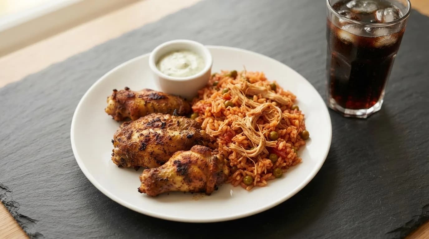 Menu 4 ailes de poulet braisé avec riz, sauce et boisson