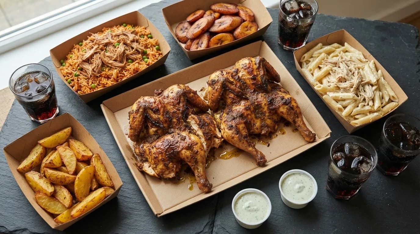 Menu famille : deux poulets braisés entiers avec accompagnements